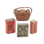 Four leather needle packet boxes comprising a diced leather dome and bolster top casket with