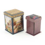 Two falling side needle packet boxes, each of square section with pin cushion tops, the larger