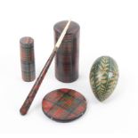 Tartan and Fern ware _ five pieces comprising a bone ended crochet hook, 12cm, a cylinder box, (