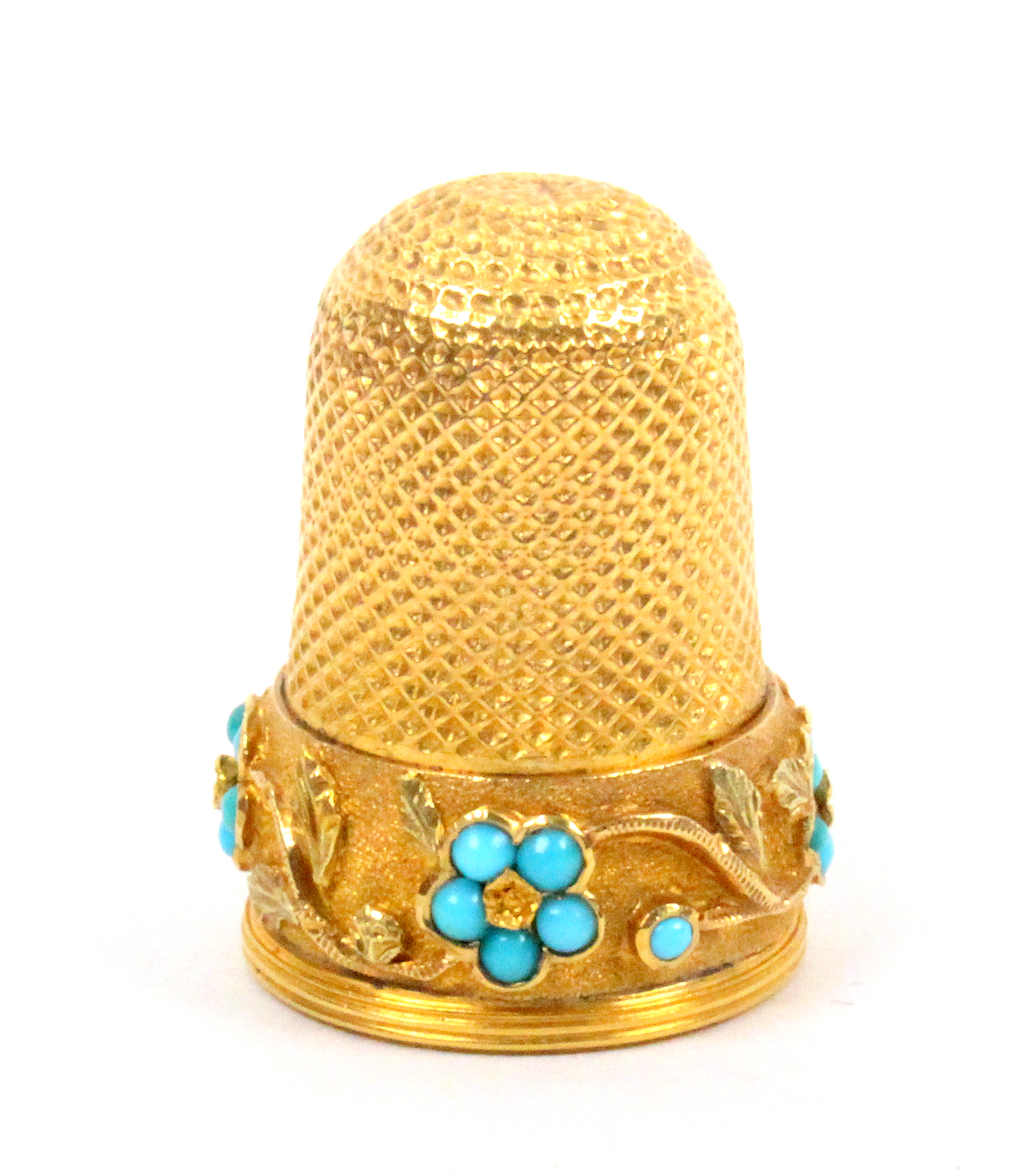 A 19th Century gold thimble the raised frosted frieze with a trailing band of flower heads comprised