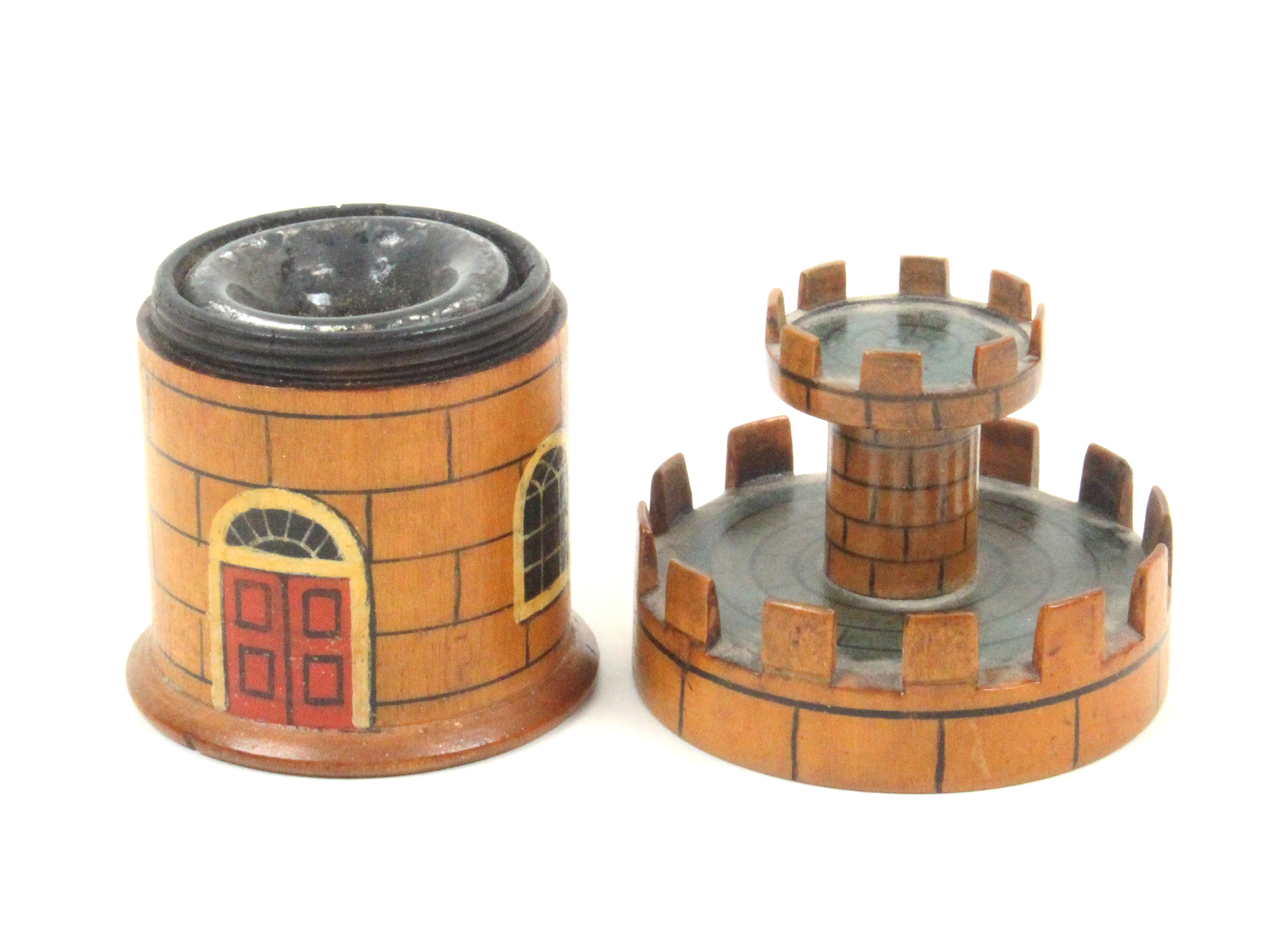 An early 19th Century painted Tunbridge ware travelling ink well in the form of a turret, the - Image 2 of 2