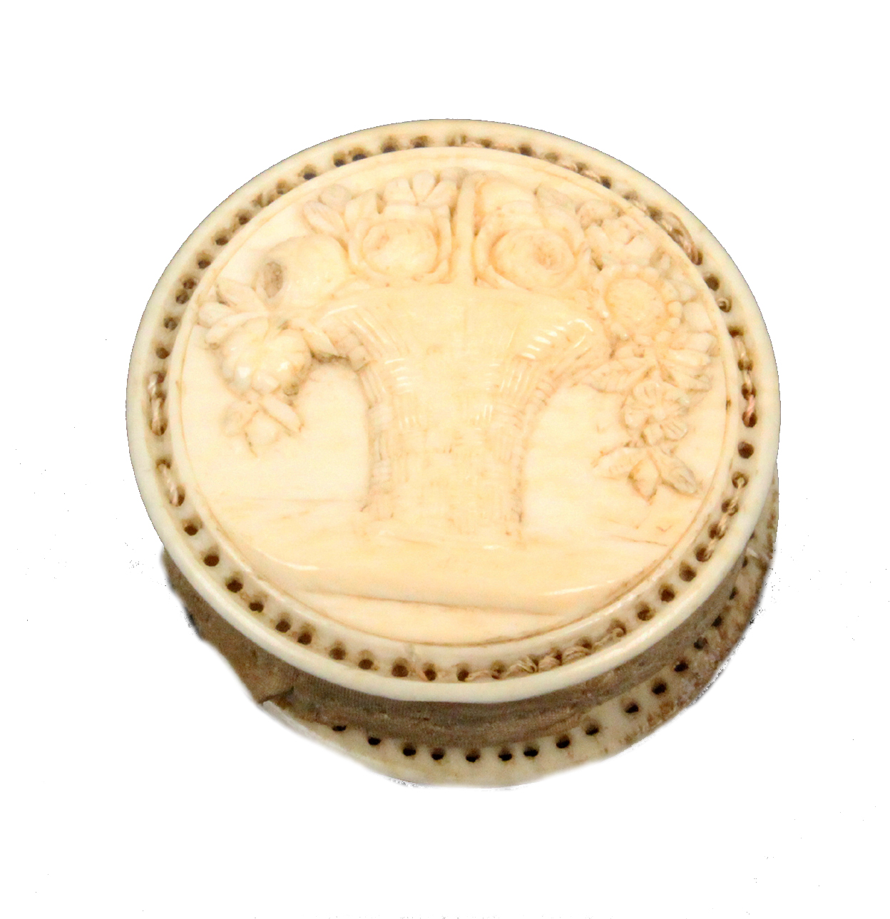 A good early 19th Century carved ivory disc form pin cushion each side well and deeply carved with a - Image 2 of 2