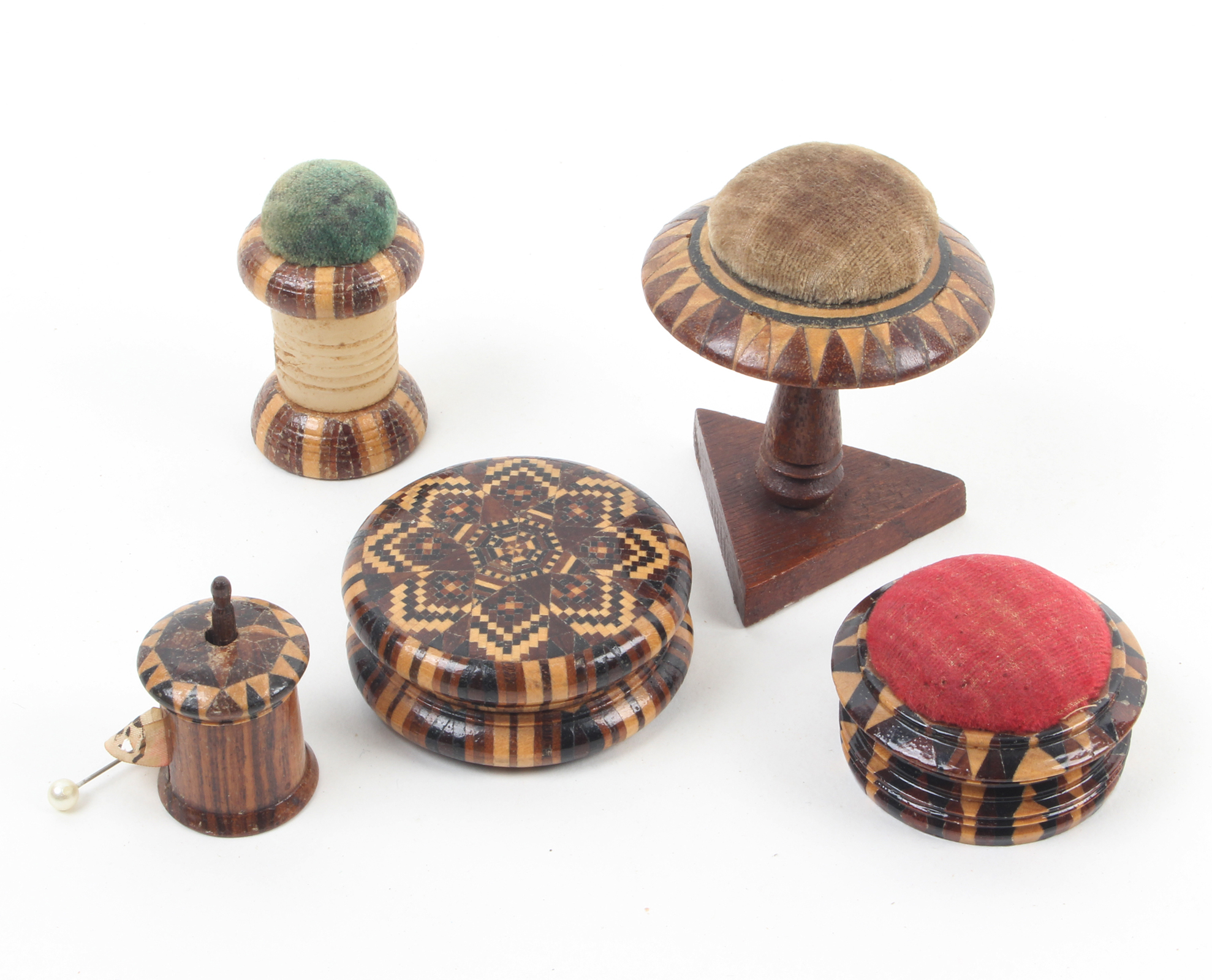 Tunbridge Ware _ five pieces _ comprising a stick ware circular pin cushion, 4cm dia., a stick