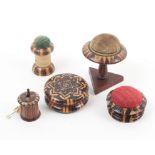 Tunbridge Ware _ five pieces _ comprising a stick ware circular pin cushion, 4cm dia., a stick