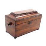 A mid 19th Century rosewood tea caddy of sarcophagal form with split bobbin mouldings, the