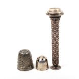A German silver four piece thimble compendium, 18th Century, the screw off thimble with punched