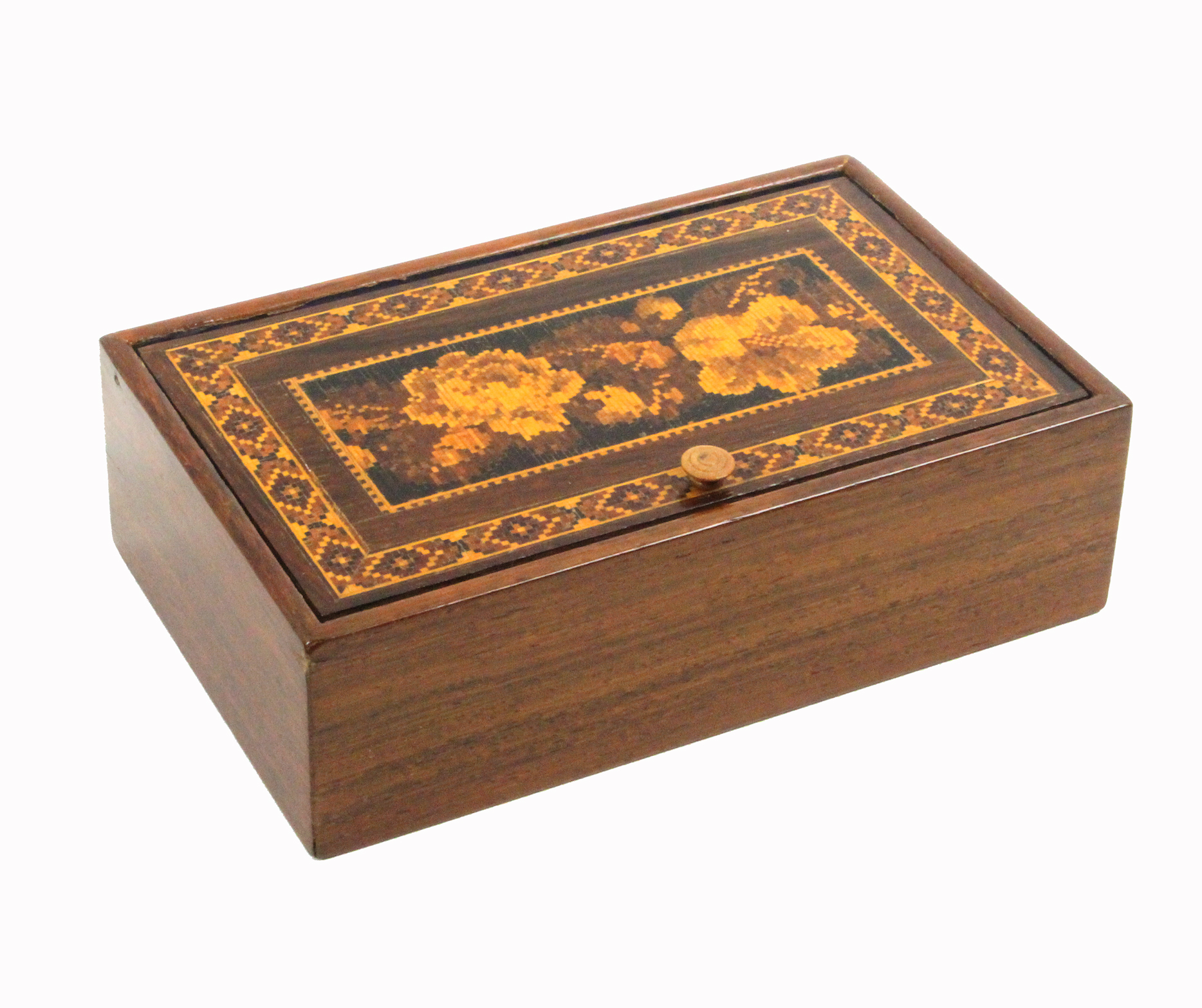 A rosewood Tunbridge ware rectangular box, the pin hinge lid with a floral mosaic panel within a