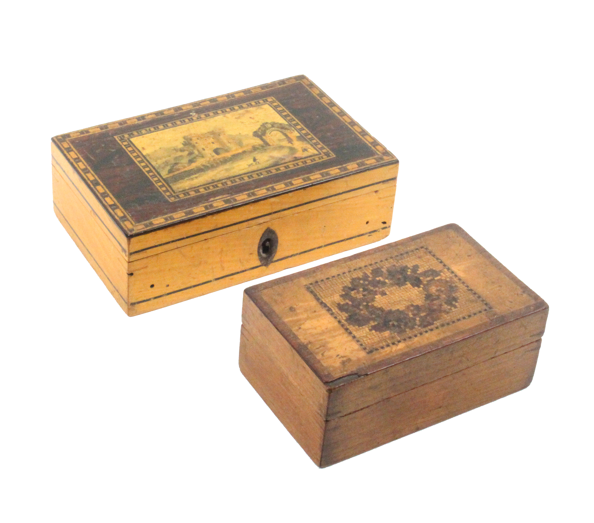 Two small Tunbridge ware boxes comprising a rectangular white wood example, the rosewood lid with