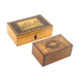 Two small Tunbridge ware boxes comprising a rectangular white wood example, the rosewood lid with