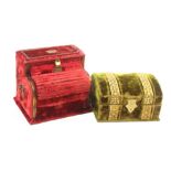 Two late 19th Century small format sewing companions, one in red plush with gilt brass mounts and