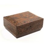 A rosewood Tunbridge ware fitted sewing box of sarcophagal form the sides with a broad band of