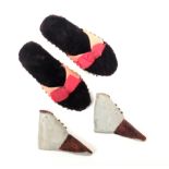 Two pairs of shoe form pin cushions comprising a pair of two tone silk boots, 5cm, and a pair of