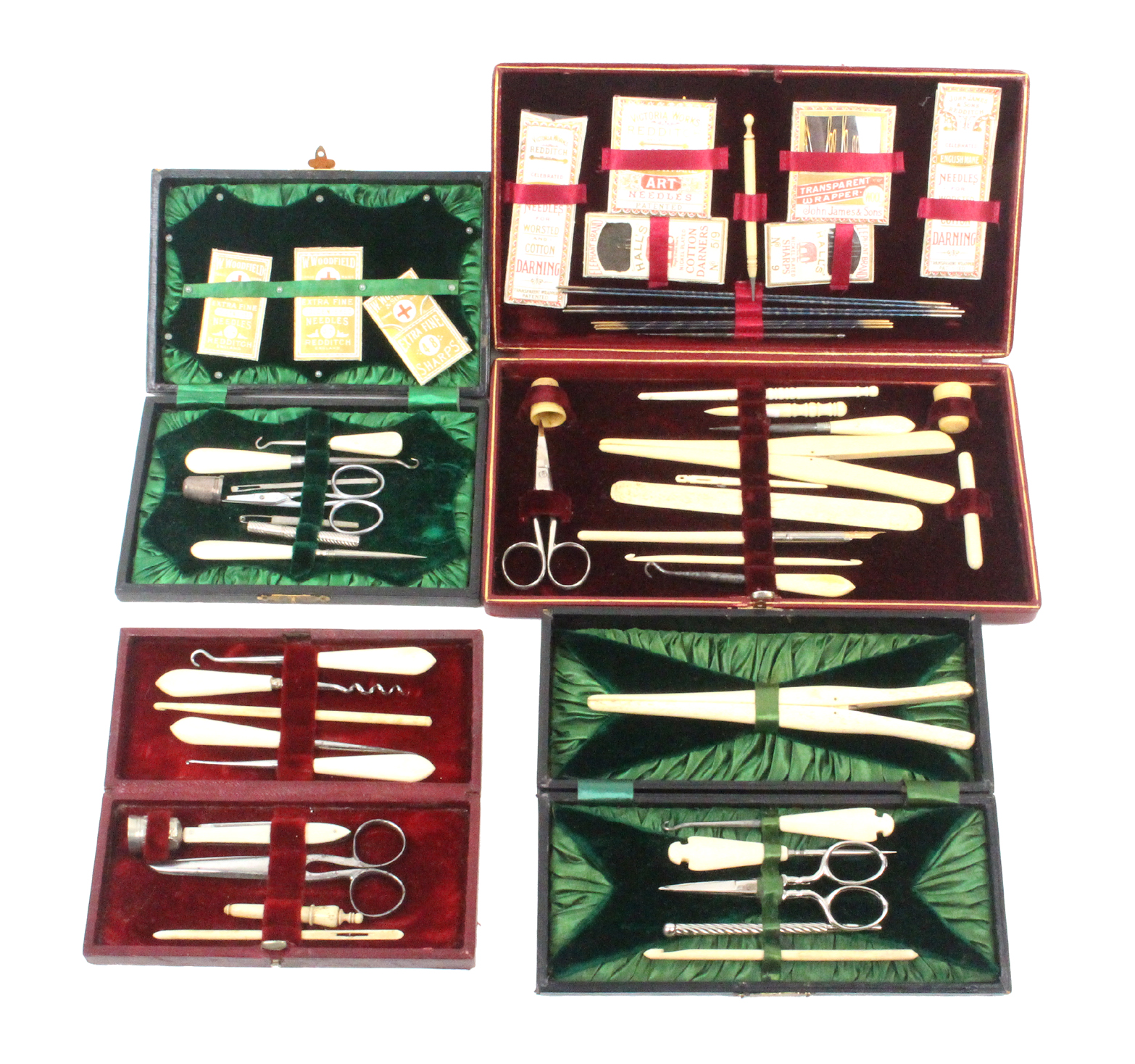 Four late 19th Century small format sewing companions all of rectangular form in leather or