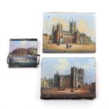 Three reverse glass decorated needle books comprising Westminster Abbey, interior worn and mothed,