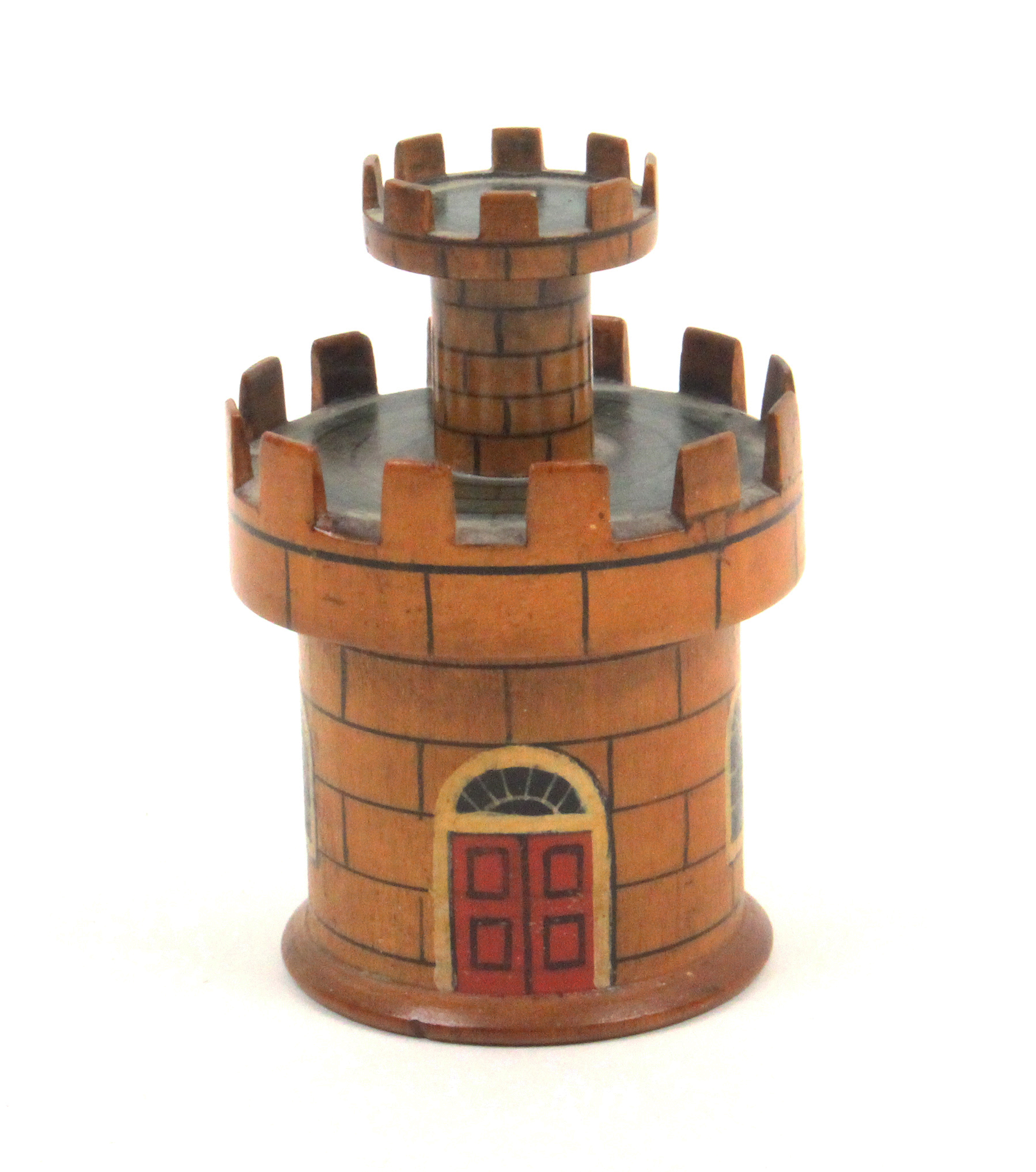 An early 19th Century painted Tunbridge ware travelling ink well in the form of a turret, the