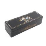 A small format late Victoria papier mache sewing box with gilt and mother of pearl decoration, the