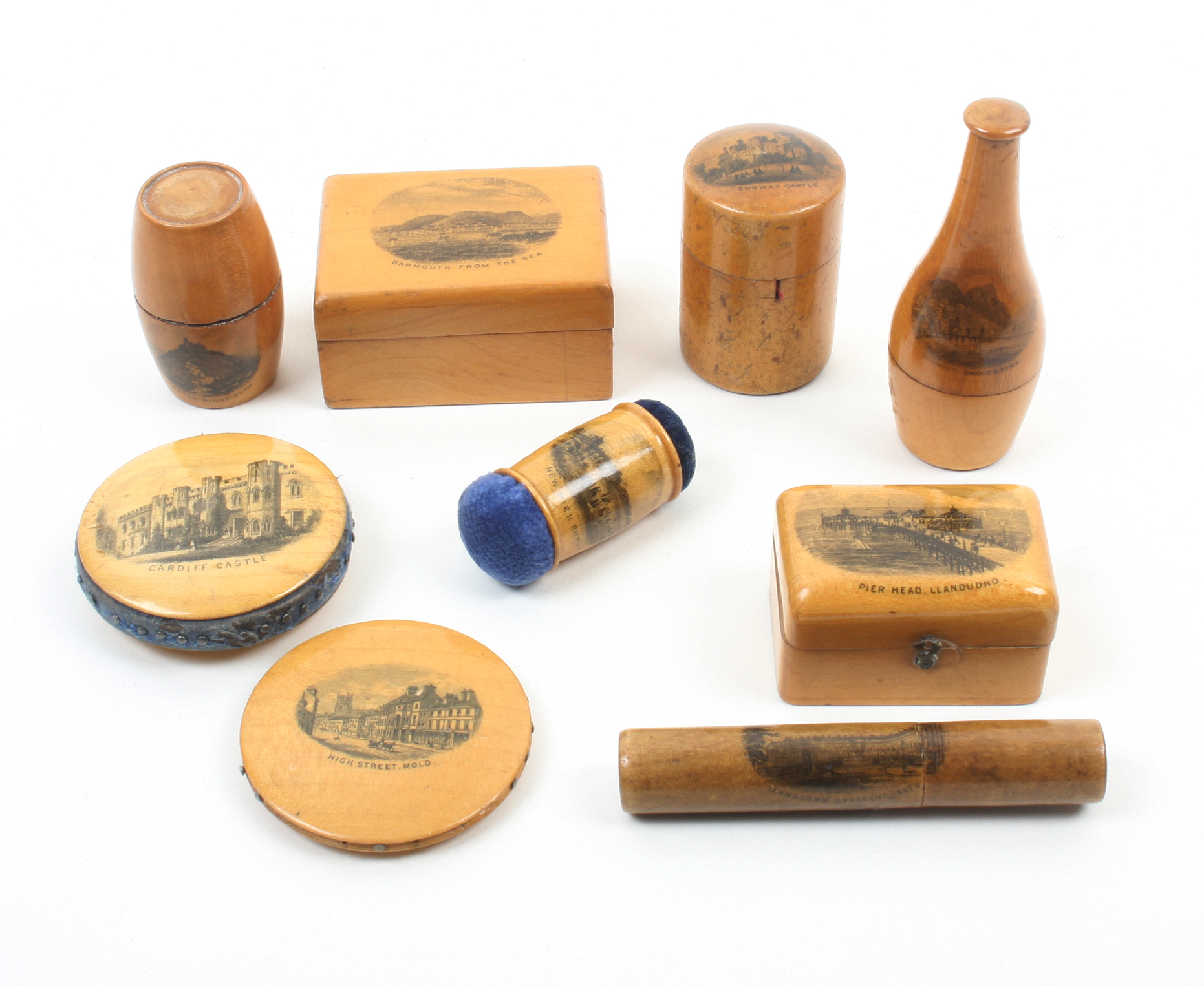 Mauchline ware _ sewing _ nine pieces comprising a disc form pin cushion (The Town Hall Cardiff/