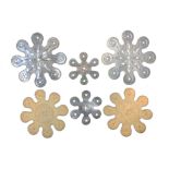 Three pairs of 19th Century silk winders comprising a good mother of pearl snowflake pair, 4.5cm,
