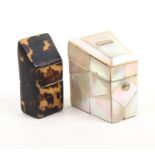 Two 19th Century needle packet boxes comprising a mother of pearl knife box form example, internal
