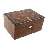 A Victorian walnut sewing box of rectangular form, the lid inlaid with a cut metal central panel