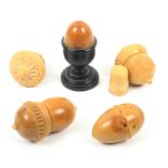 Five thimble cases comprising a vegetable ivory acorn with original thimble but lacking handle, 4.