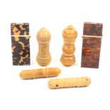Six crochet hook cases comprising two tortoiseshell rectangular hinged top examples, one complete
