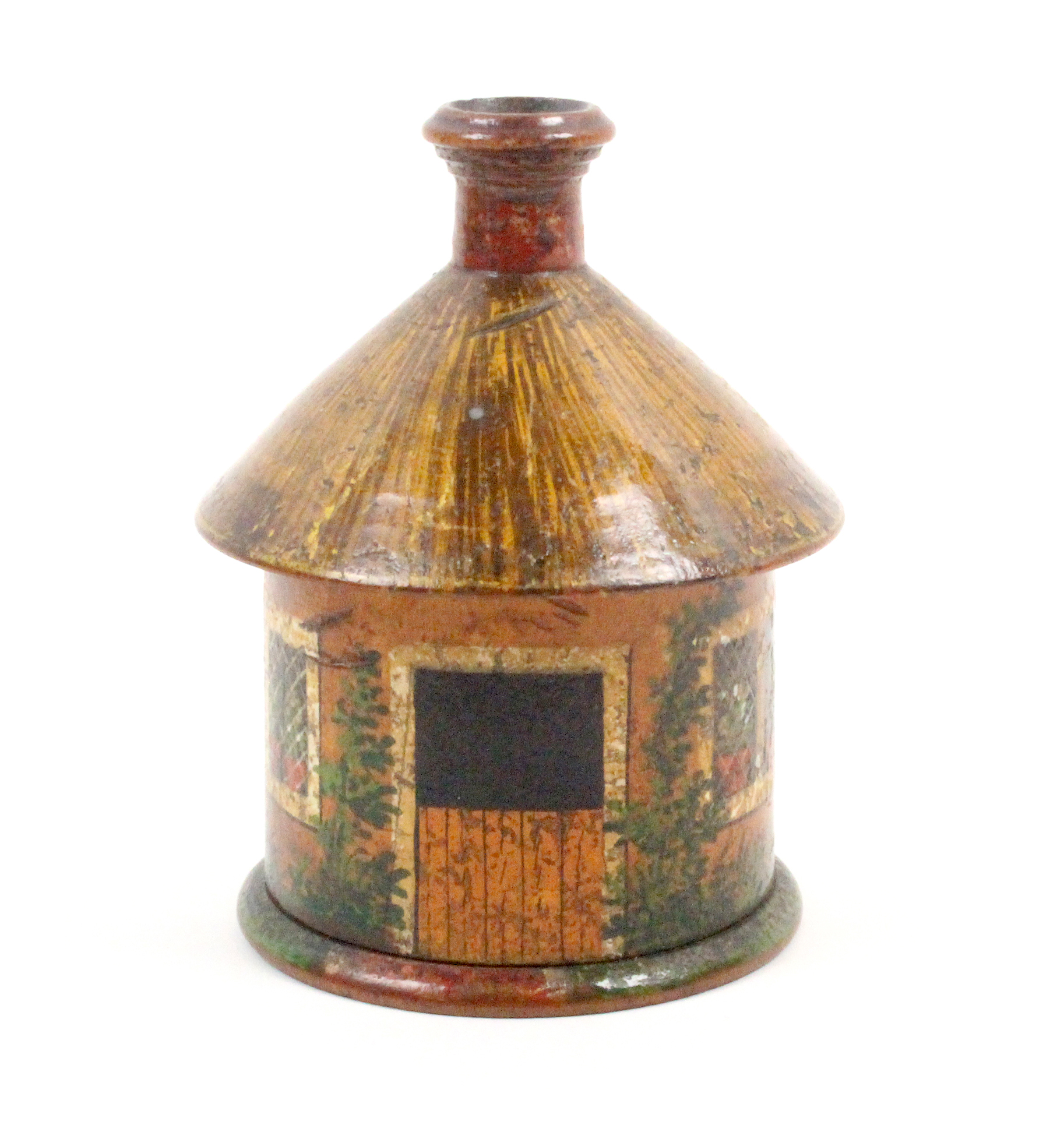 A rare early 19th Century painted Tunbridge ware nutmeg grater in the form of a circular cottage