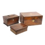 Three boxes late 19th Century comprising a rectangular walnut and brass line inlaid sewing box,