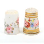 Two 19th Century English porcelain thimbles comprising an example with a continuous band of