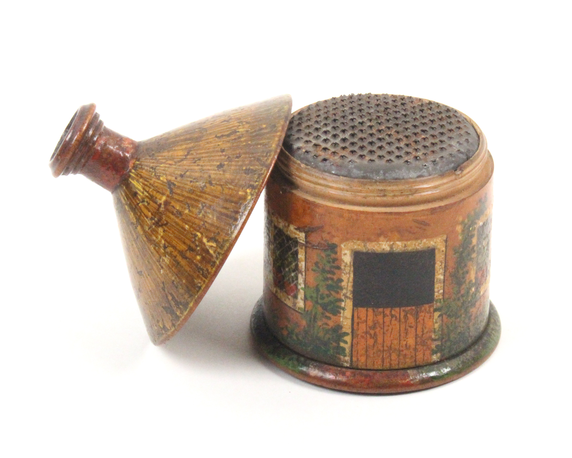 A rare early 19th Century painted Tunbridge ware nutmeg grater in the form of a circular cottage - Image 2 of 2