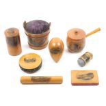 Mauchline ware _ sewing _ eight pieces comprising a thimble sauce pan, empty, (The Castle,