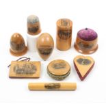 Mauchline ware _ sewing _ nine pieces comprising a sewing machine cylinder needlecase (Lock Stitch/