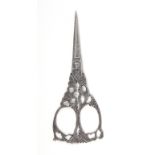 A pair of 19th Century steel scissors, pointed tapering blades stamped ïBTÍ the arms and loops