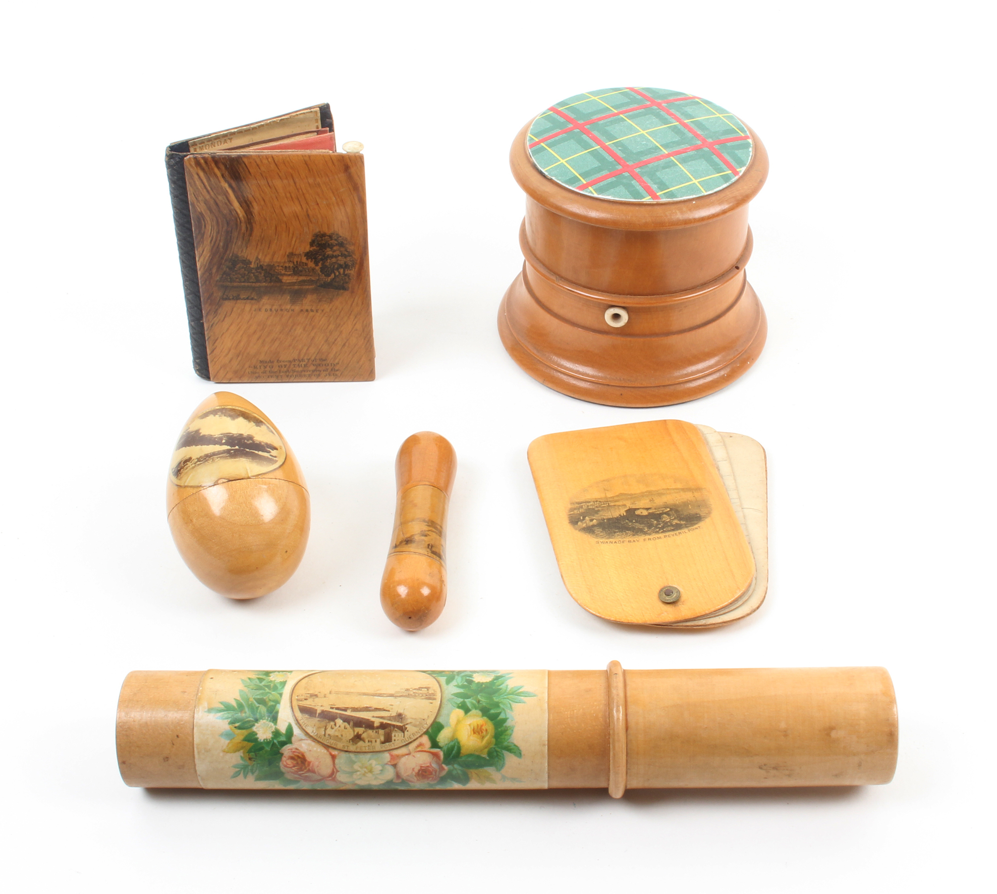 Mauchline ware _ sewing _ six pieces comprising a cylinder form twin section reel/pin box with