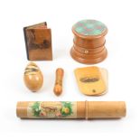 Mauchline ware _ sewing _ six pieces comprising a cylinder form twin section reel/pin box with