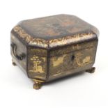 A mid 19th Century Chinese export black and gilt lacquer decorated sewing box of canted