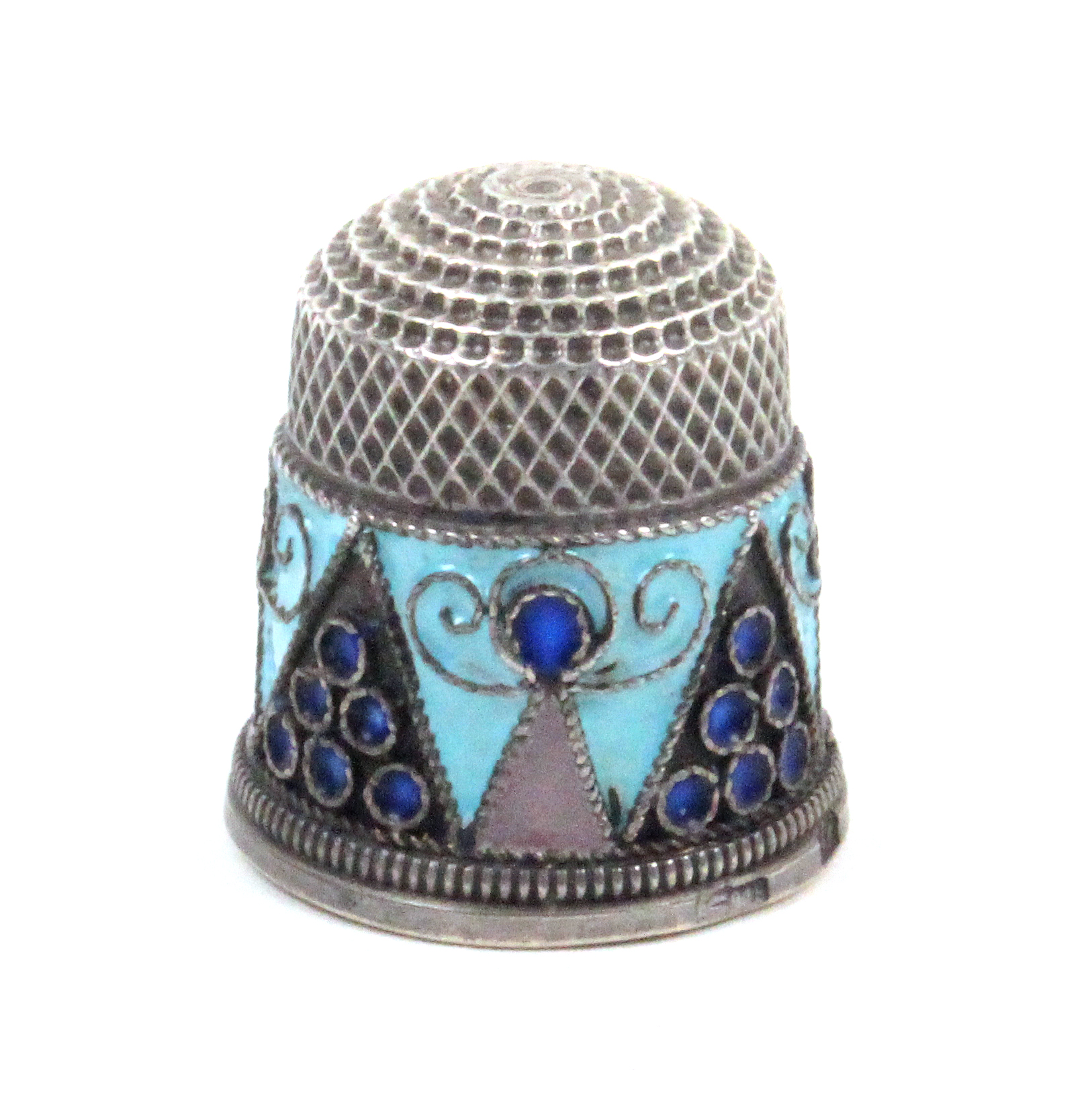 A Russian silver and cloissone enamel thimble, the broad pale blue border with triangular motifs, - Image 2 of 2