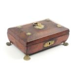 A Regency small format red leather covered sewing box of sarcophagal form, brass mounts and basket