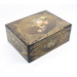 An attractive mid-Victorian papier mache sewing box of rectangular form the lid and sides painted