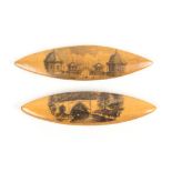 Mauchline ware _ sewing _ three pieces comprising two scarce tatting shuttles (The Pier,