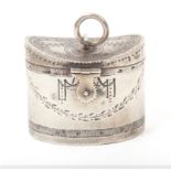 An early 19th Century continental silver thimble and pin box in the form of an oval miniature tea