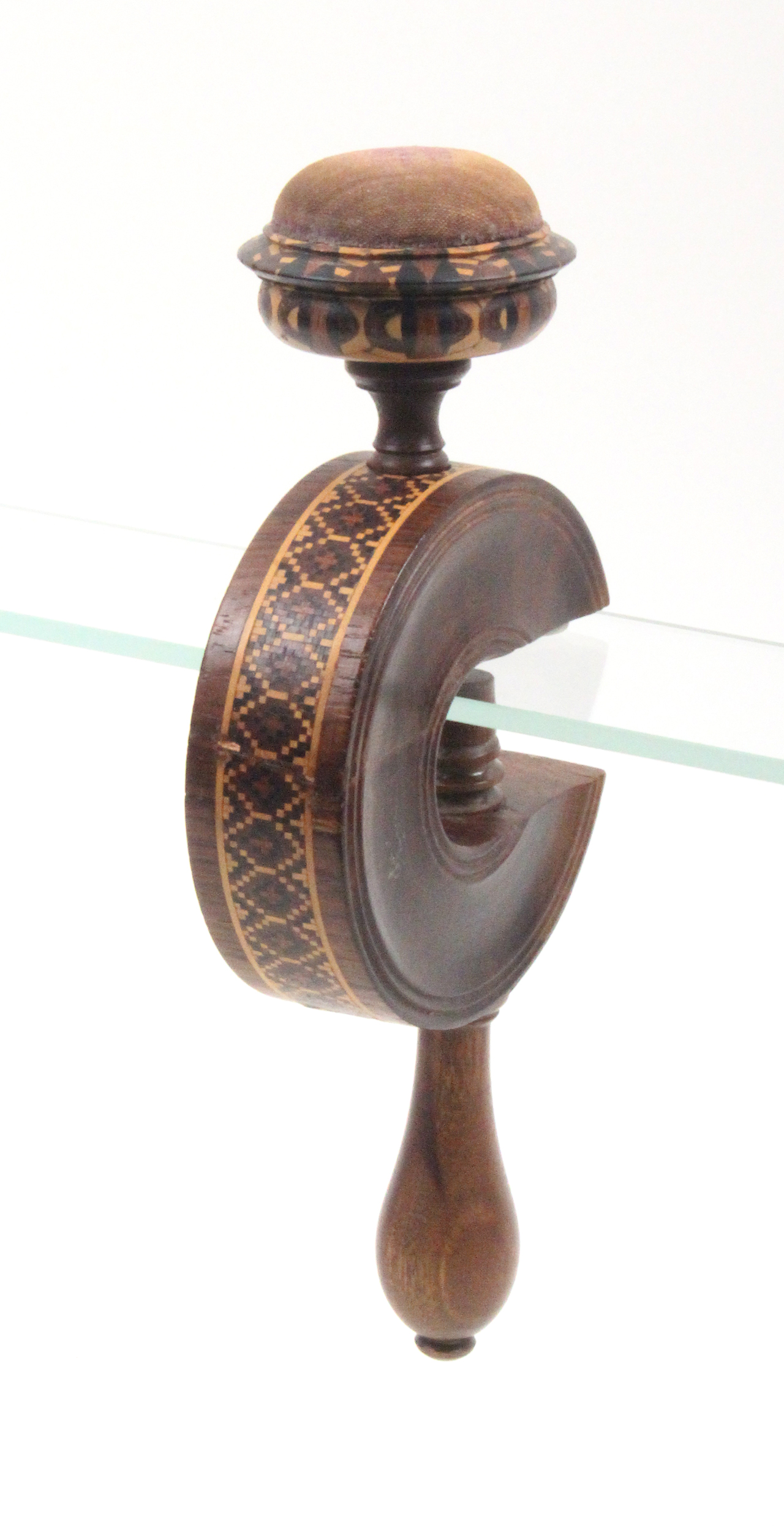 A large Tunbridge ware sewing clamp, the rosewood ïCÍ frame with a band of mosaic below a