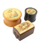 Mauchline ware _ sewing _ three pieces in alternative finishes, a black ground reel box in the