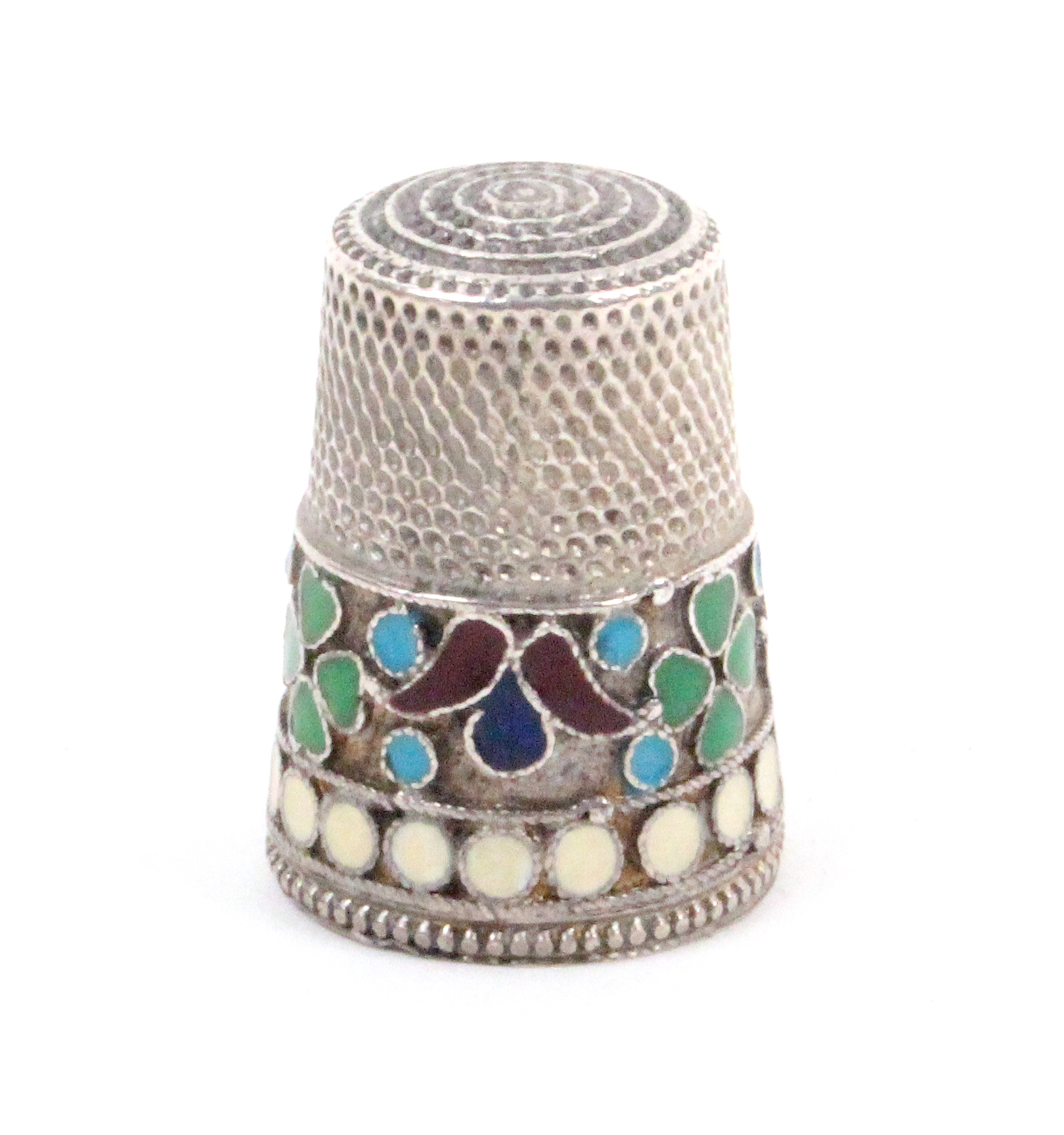 A Russian silver and cloissone enamel thimble, with a frieze of colourful motifs over a white dot