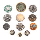 Twelve 19th Century buttons comprising a small pair of French horn buttons with white metal inlay,