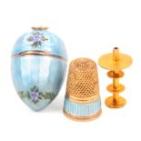 A pretty gilded white metal and enamel continental thimble compendium, mid 20th Century, the case of