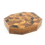 An early 19th Century rosewood Tunbridge ware sewing or card box of elongated octagonal form the lid