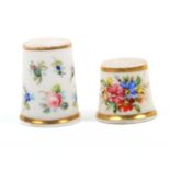 Two 19th Century English porcelain thimbles comprising a tall example painted with two bands of