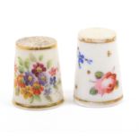 Two 19th Century English porcelain thimbles comprising a tall example painted with colourful