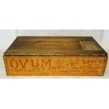 A pine Box inscribed 'Ovum Thorley's Poultry Spice', the interior of the lid printed in colour